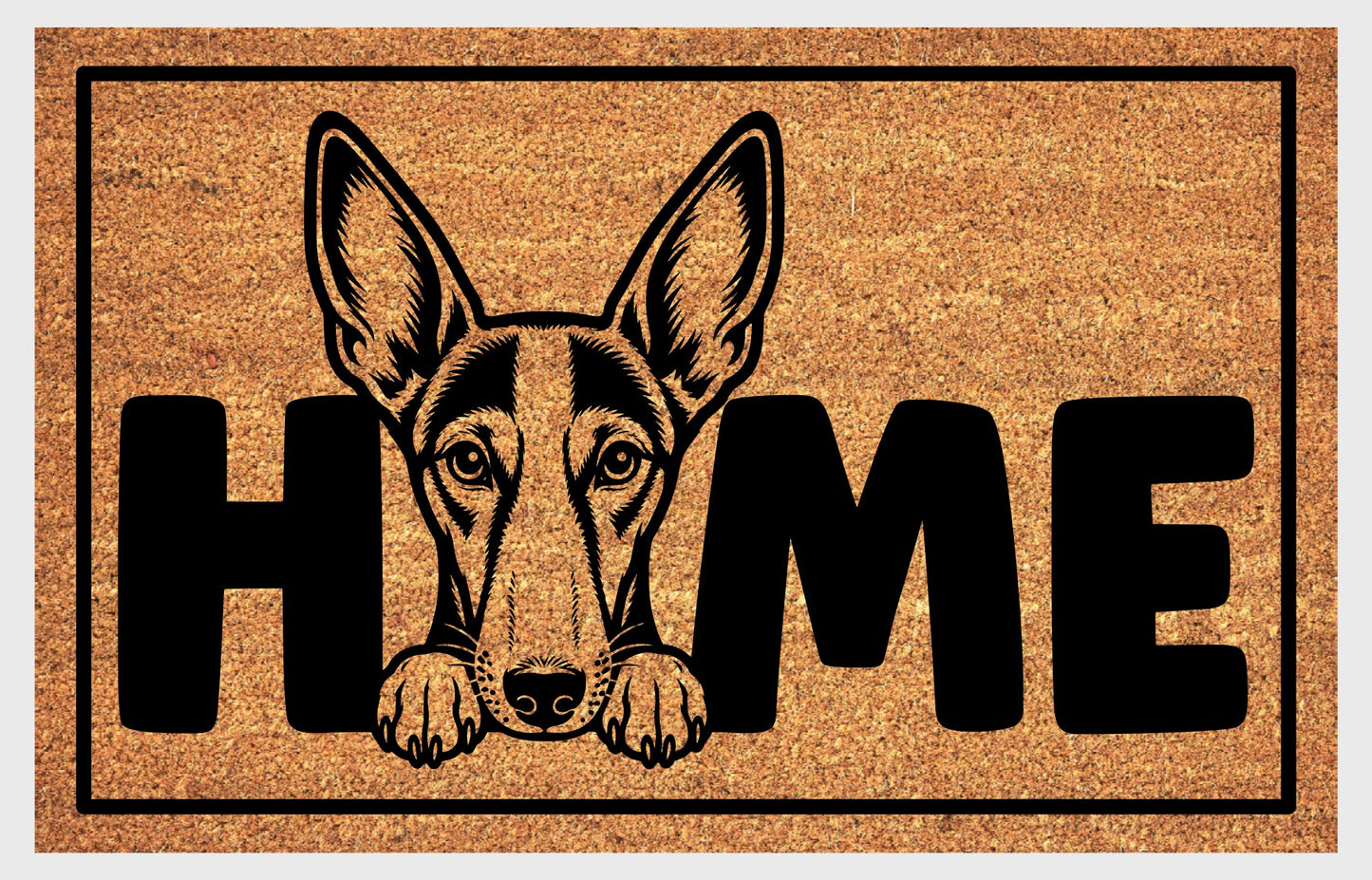 Podenco coir doormat #3 — close-up of Podenco HOME design on natural coconut coir, non-slip backing