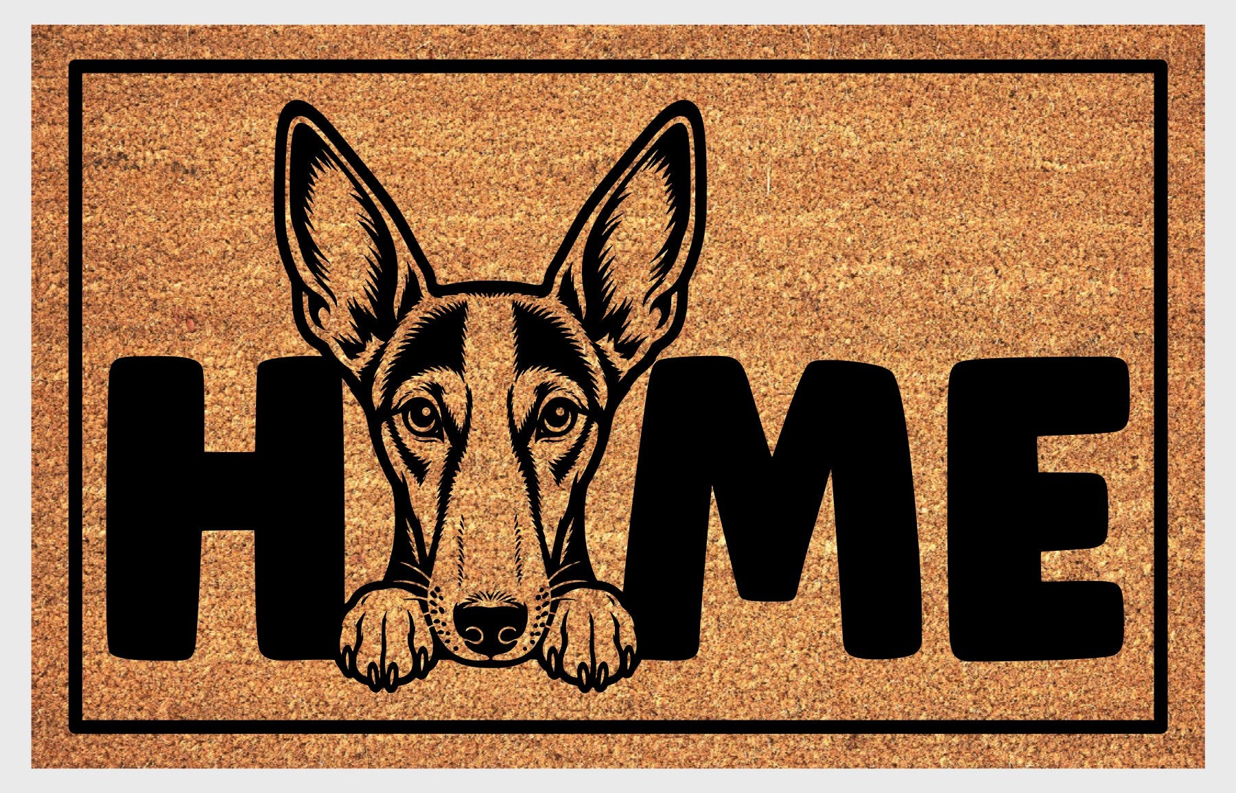 Podenco coir doormat #3 — close-up of Podenco HOME design on natural coconut coir, non-slip backing