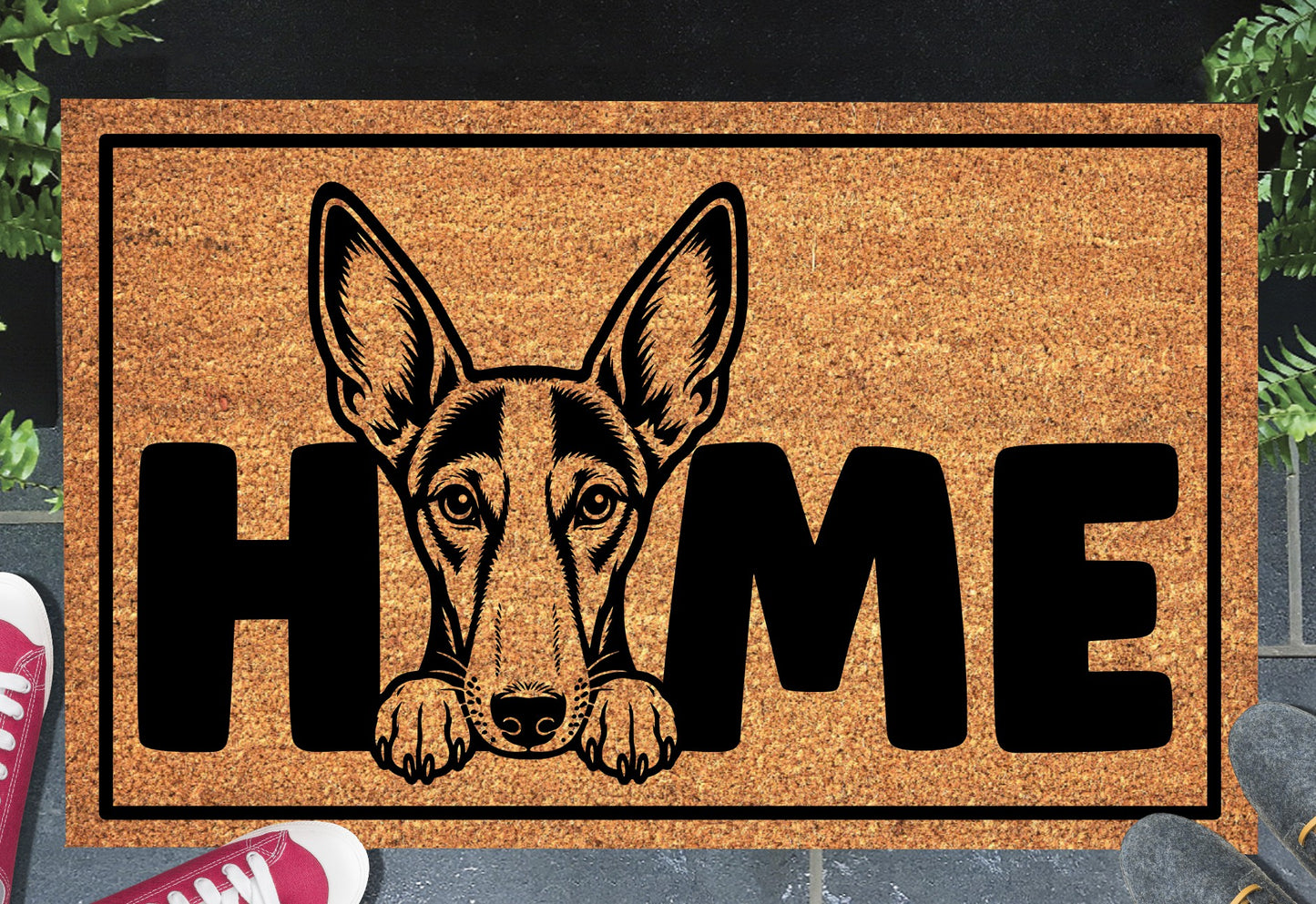 Podenco coir doormat #3 — Podenco illustration replaces the letter O in HOME, natural coconut coir, 18x30"