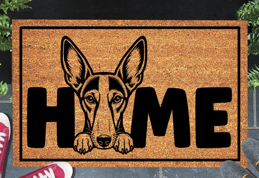 Podenco coir doormat #3 — Podenco illustration replaces the letter O in HOME, natural coconut coir, 18x30"