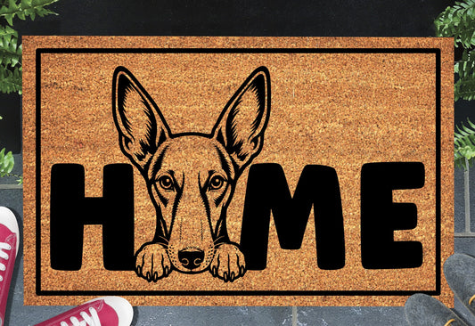 Podenco coir doormat #4 — Podenco illustration replaces the letter O in HOME, natural coconut coir, 18x30"