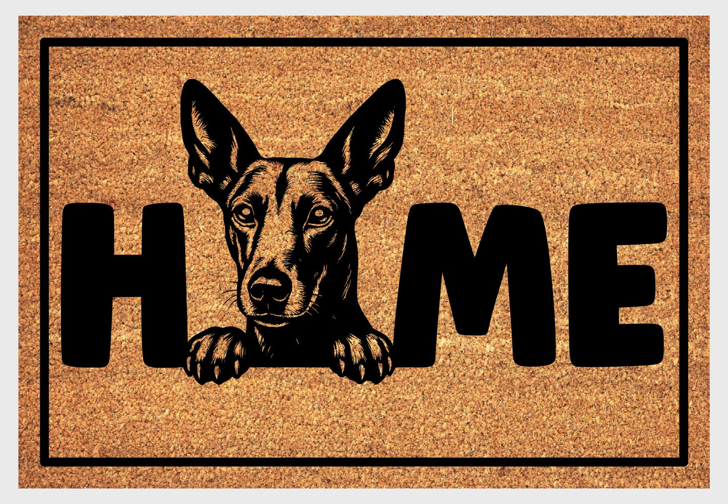 Podenco coir doormat #5 — close-up of Podenco HOME design on natural coconut coir, non-slip backing