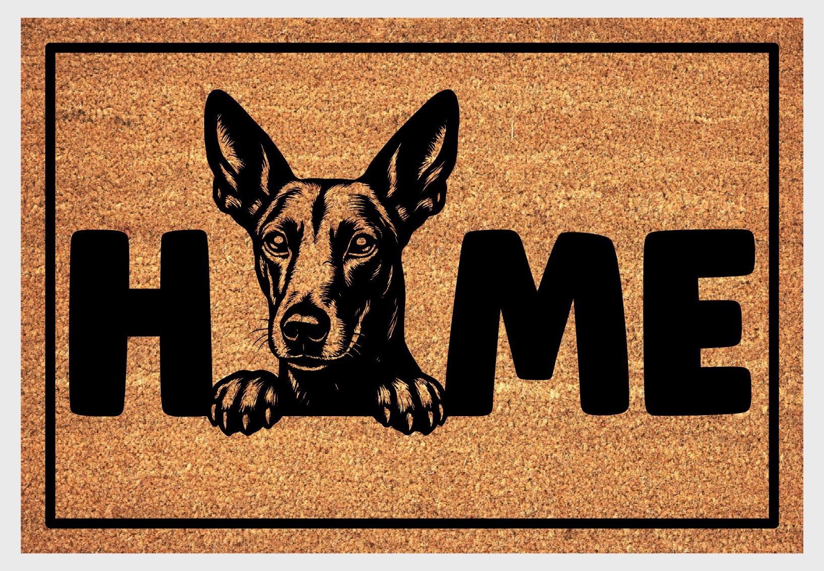Podenco coir doormat #5 — close-up of Podenco HOME design on natural coconut coir, non-slip backing