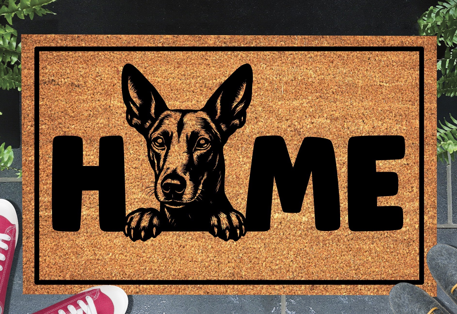 Podenco coir doormat #5 — Podenco illustration replaces the letter O in HOME, natural coconut coir, 18x30"