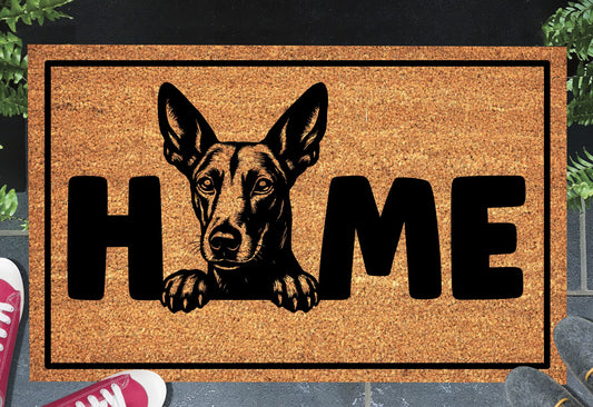 Podenco coir doormat #5 — Podenco illustration replaces the letter O in HOME, natural coconut coir, 18x30"