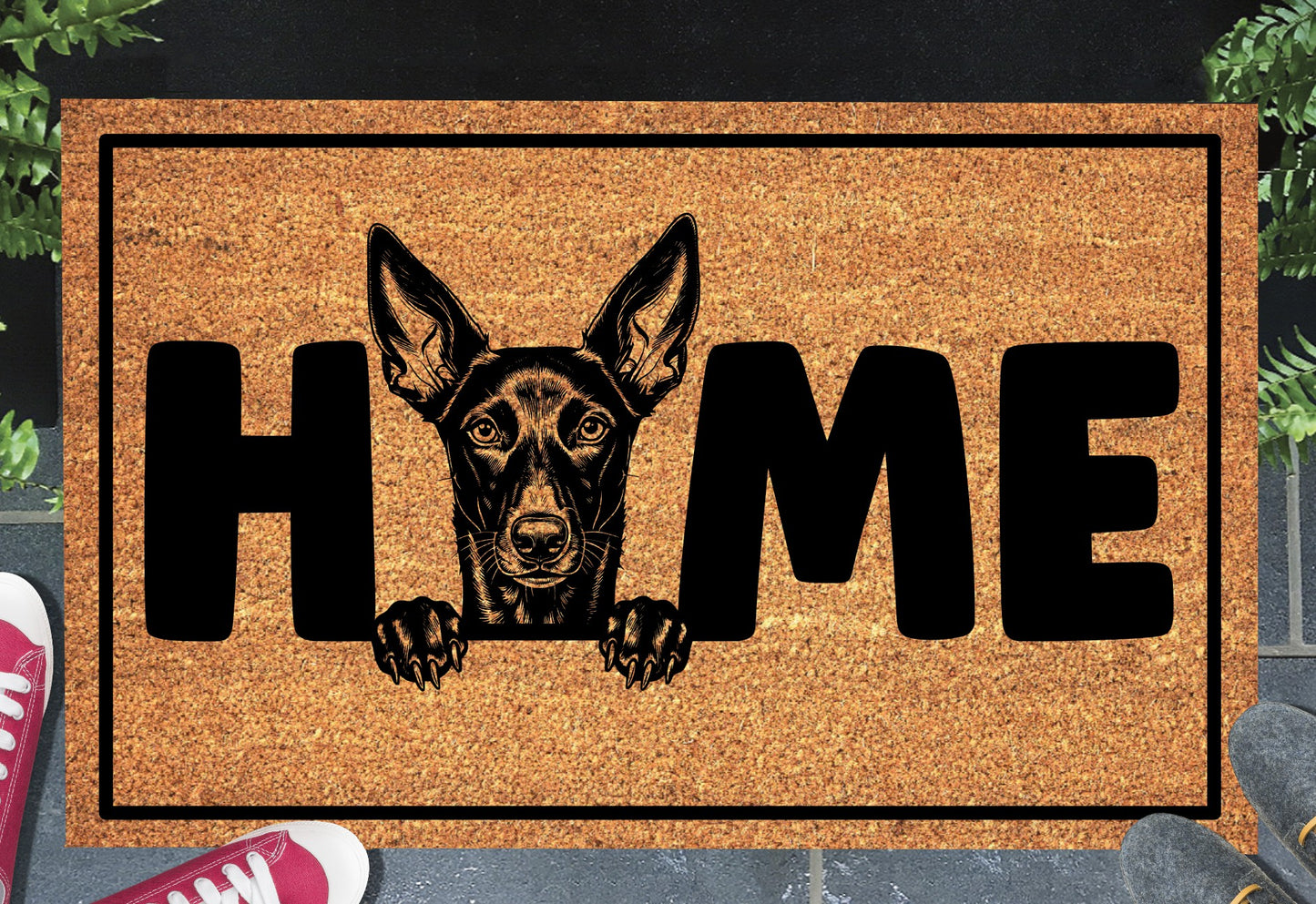 Podenco coir doormat #6 — Podenco illustration replaces the letter O in HOME, natural coconut coir, 18x30"
