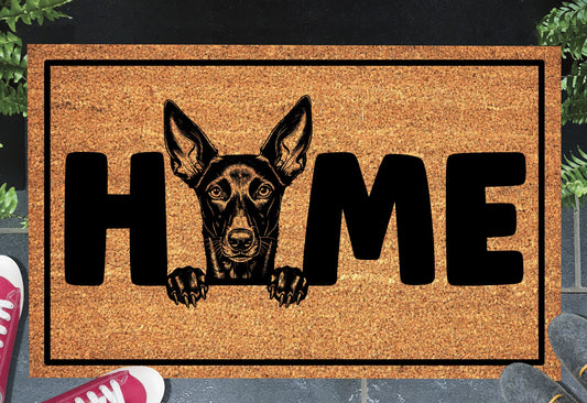 Podenco coir doormat #6 — Podenco illustration replaces the letter O in HOME, natural coconut coir, 18x30"