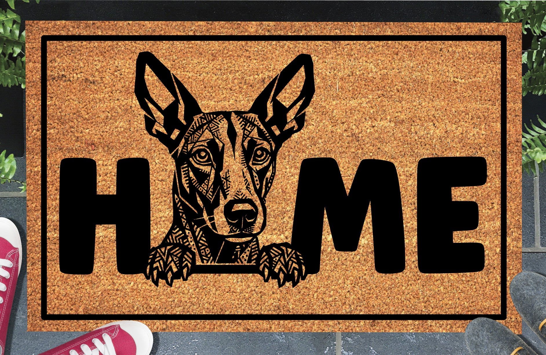 Podenco coir doormat #8 with Mediterranean Hound illustration replacing the letter O in HOME — natural coconut fiber welcome mat