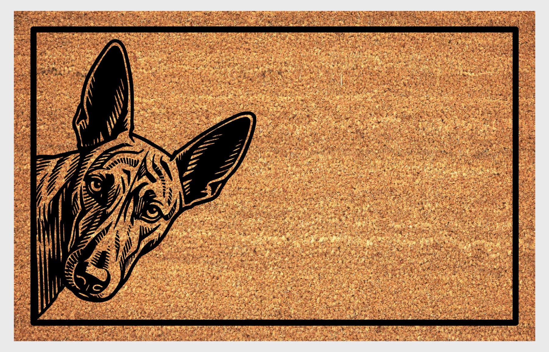 Close-up of Podenco peeking design on coir doormat #9 — Spanish Sighthound welcome mat by Pupular Mats