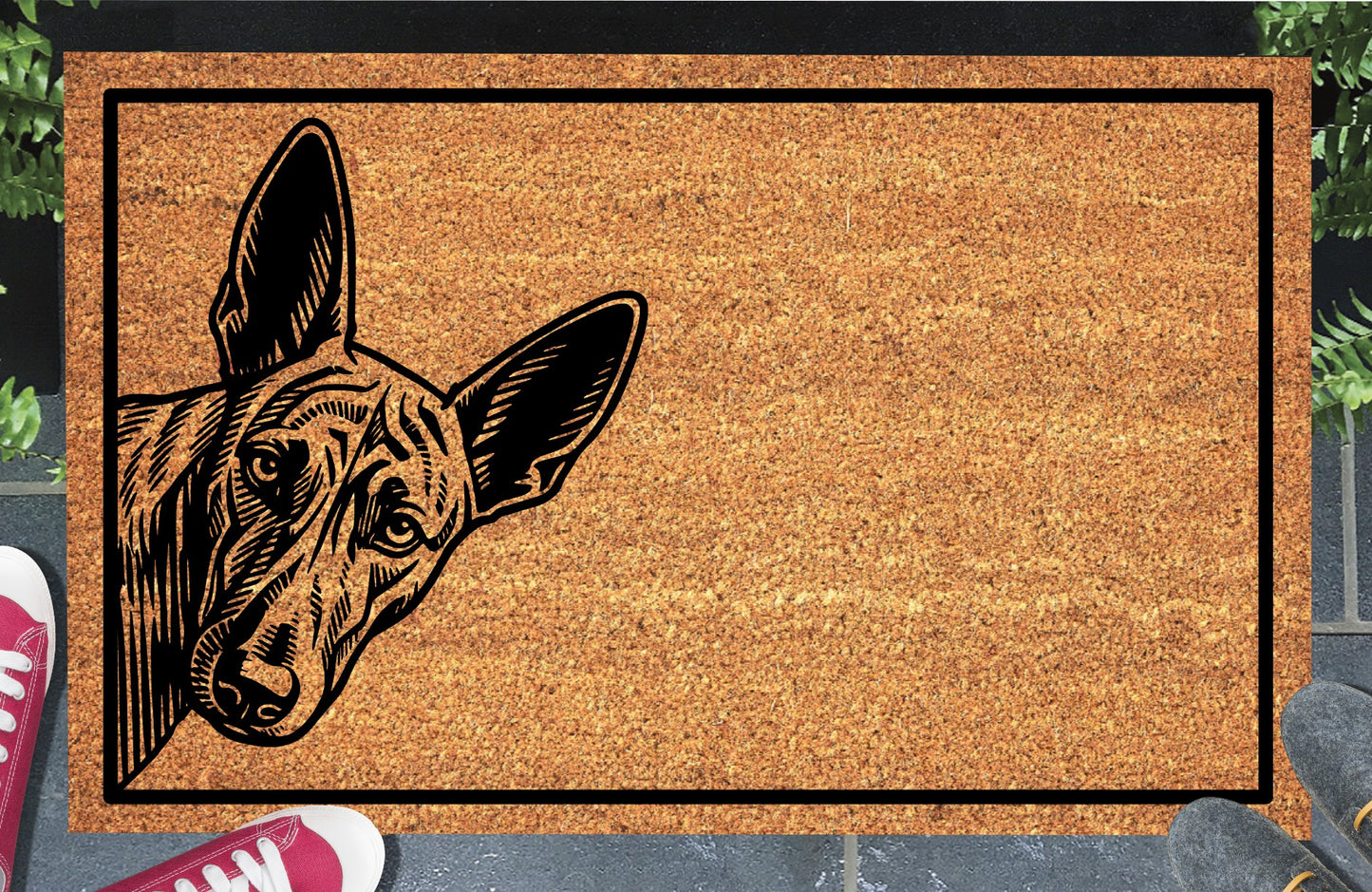 Podenco peeking coir doormat #9 with Podenco Dog illustration peeking from the mat edge — natural coconut fiber welcome mat