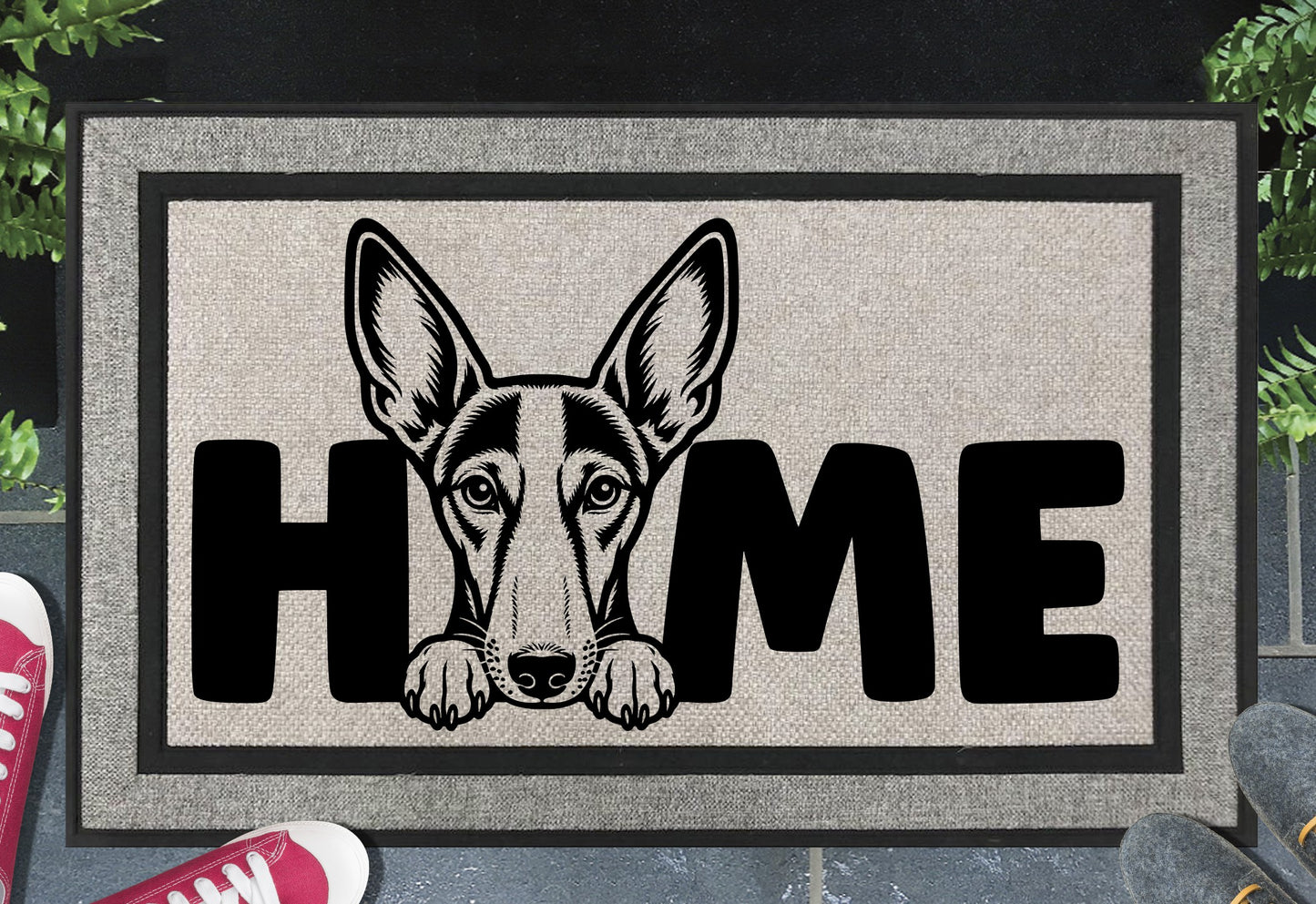 Podenco all-weather doormat #3 — Podenco illustration replaces the letter O in HOME, woven polyester linen-look finish, 18x30"