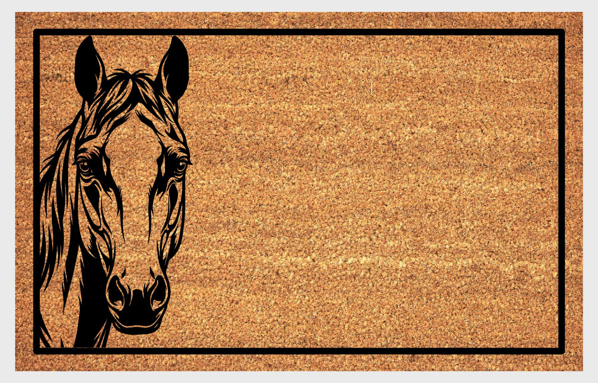 Quarter Horse peeking doormat in natural coir, featuring a black horse portrait peeking from the left edge with upright ears, expressive eyes and a swept forelock and mane inside a black rectangular border, shown flat.