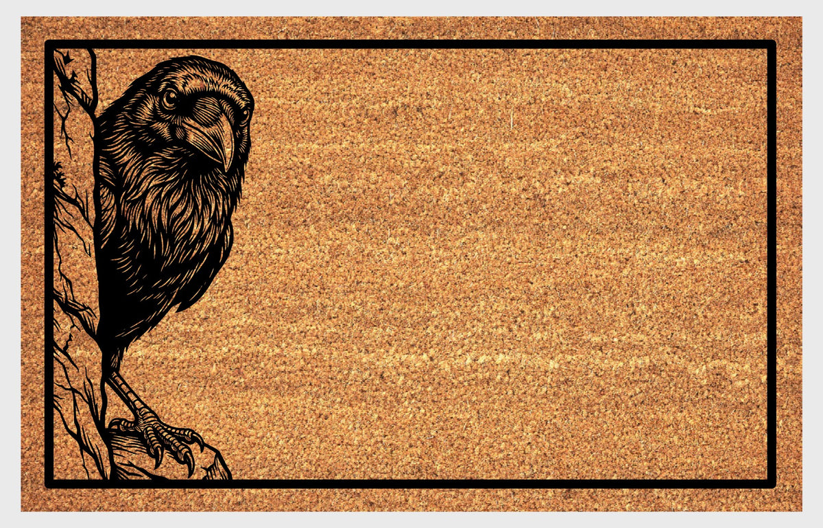Corbie with a tilted head, detailed feathers and one foot on a branch, peeking around a tree trunk from the left edge of a natural coir doormat.