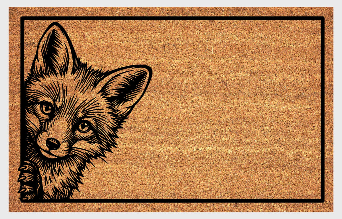 Red Fox Peeking Doormat #1 coir doormat — close-up of Red Fox peeking in from the side edge on natural coir