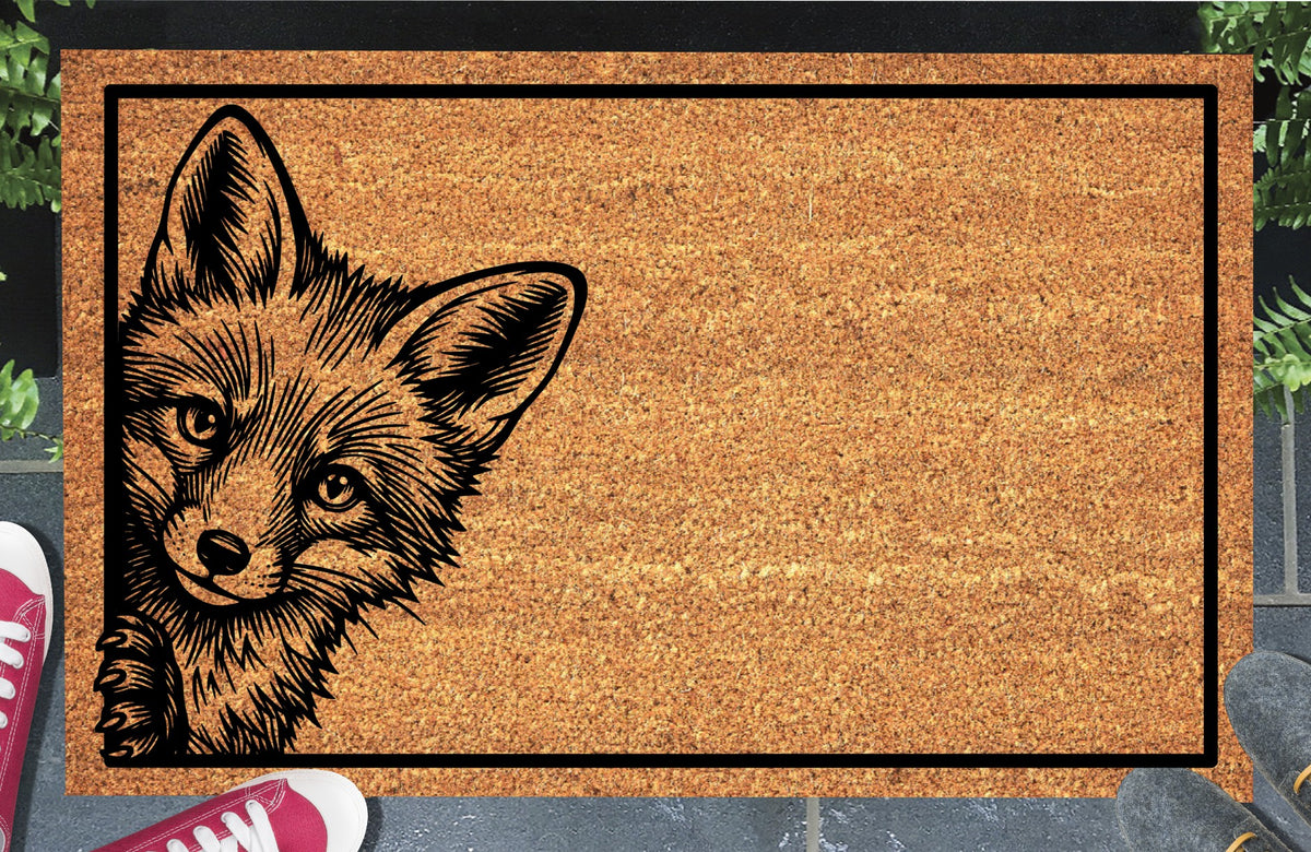 Red Fox Peeking Doormat #1 coir doormat — Red Fox peeking up from the bottom edge, natural coir fiber, non-slip rubber backing, flat lay