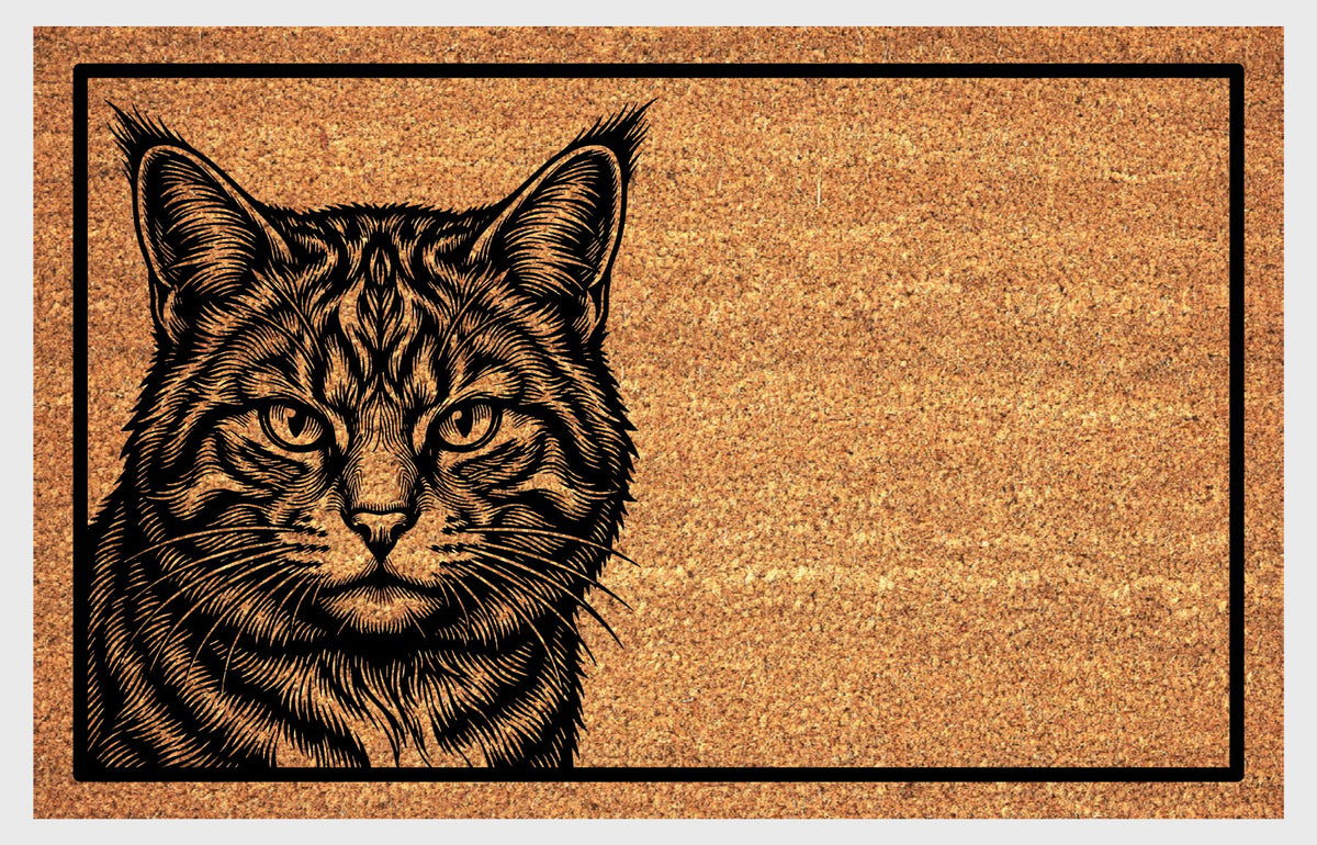 Scottish Wildcat coir doormat flat lay — Scottish Wildcat portrait peeking up from the bottom left edge of the mat on natural coir
