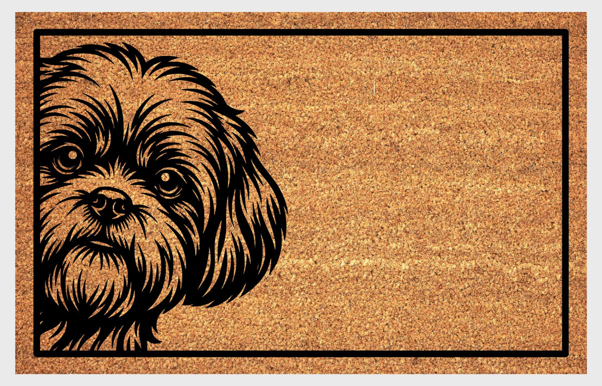 Shih Tzu Peeking Doormat #2, flat view of a Shih Tzu portrait with tousled hair, expressive eyes and a shaggy beard on natural coir.