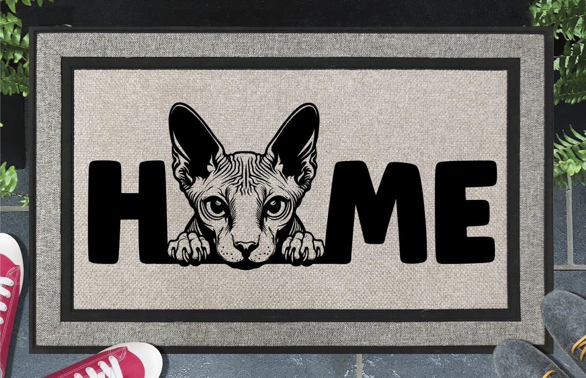 Sphynx Cat all-weather doormat flat lay on white background — hairless cat O-replacement HOME design, woven polyester, 18x30