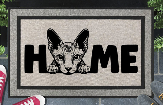Sphynx Cat all-weather doormat flat lay on white background — hairless cat O-replacement HOME design, woven polyester, 18x30
