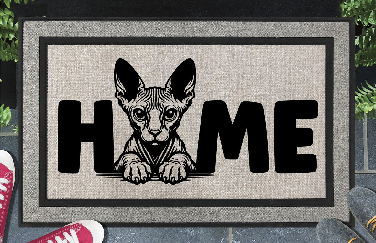 Sphynx Cat Doormat #2 all-weather lifestyle shot in doorway — hairless cat O-replacement HOME design, woven polyester, 18x30