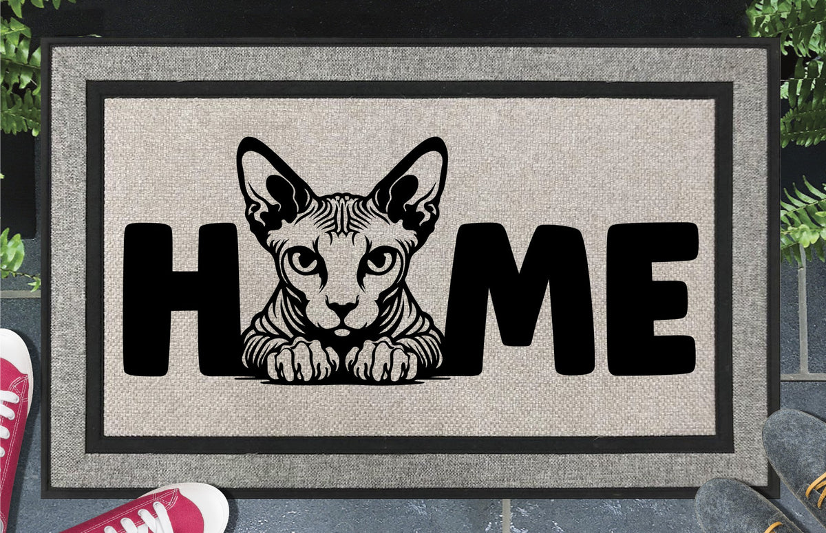 Sphynx Cat Doormat #4 all-weather lifestyle shot in doorway — Yoda Cat O-replacement HOME design, regal imperious portrait, woven polyester, 18x30