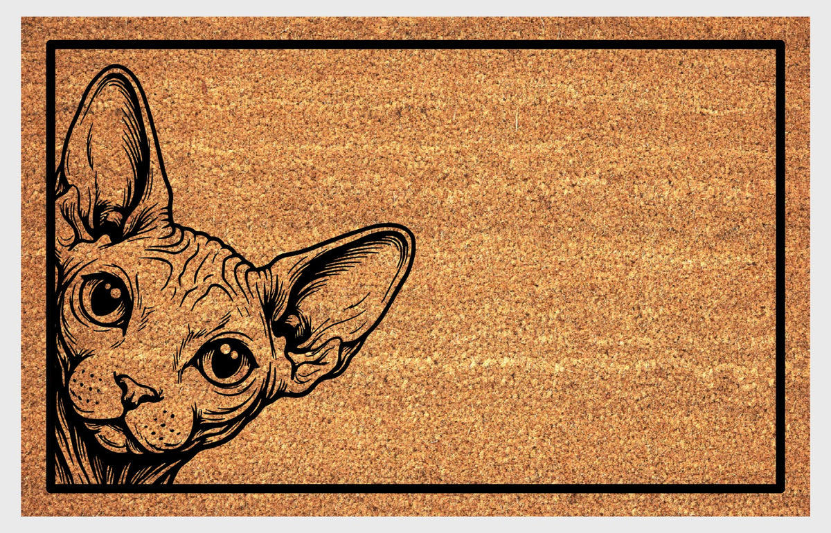 Sphynx Cat Peeking Doormat #1 — natural coir doormat with Sphynx cat peeping illustration, available in three sizes