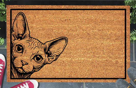 Sphynx cat peeking doormat in a home entryway — natural coir mat with Sphynx cat peeping design, non-slip backing