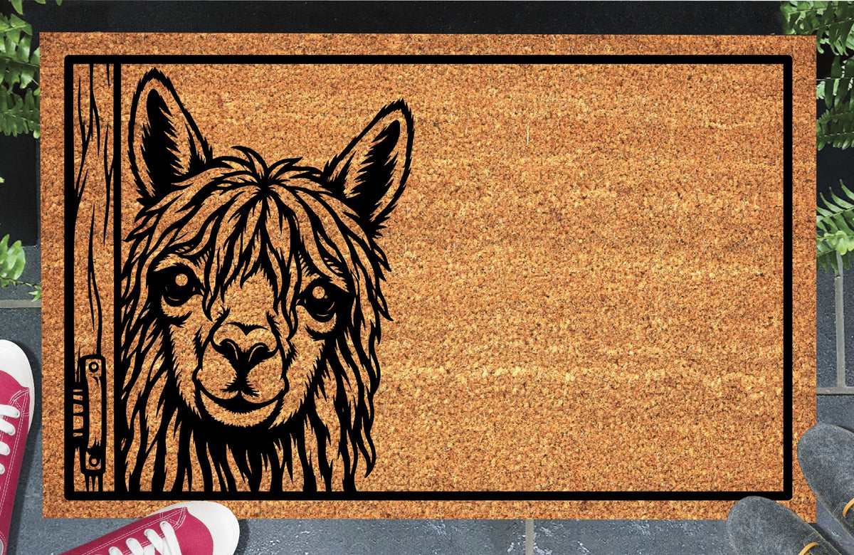 Suri Alpaca doormat with long locks and upright ears beside an illustrated wooden door edge, displayed on a paved doorstep.
