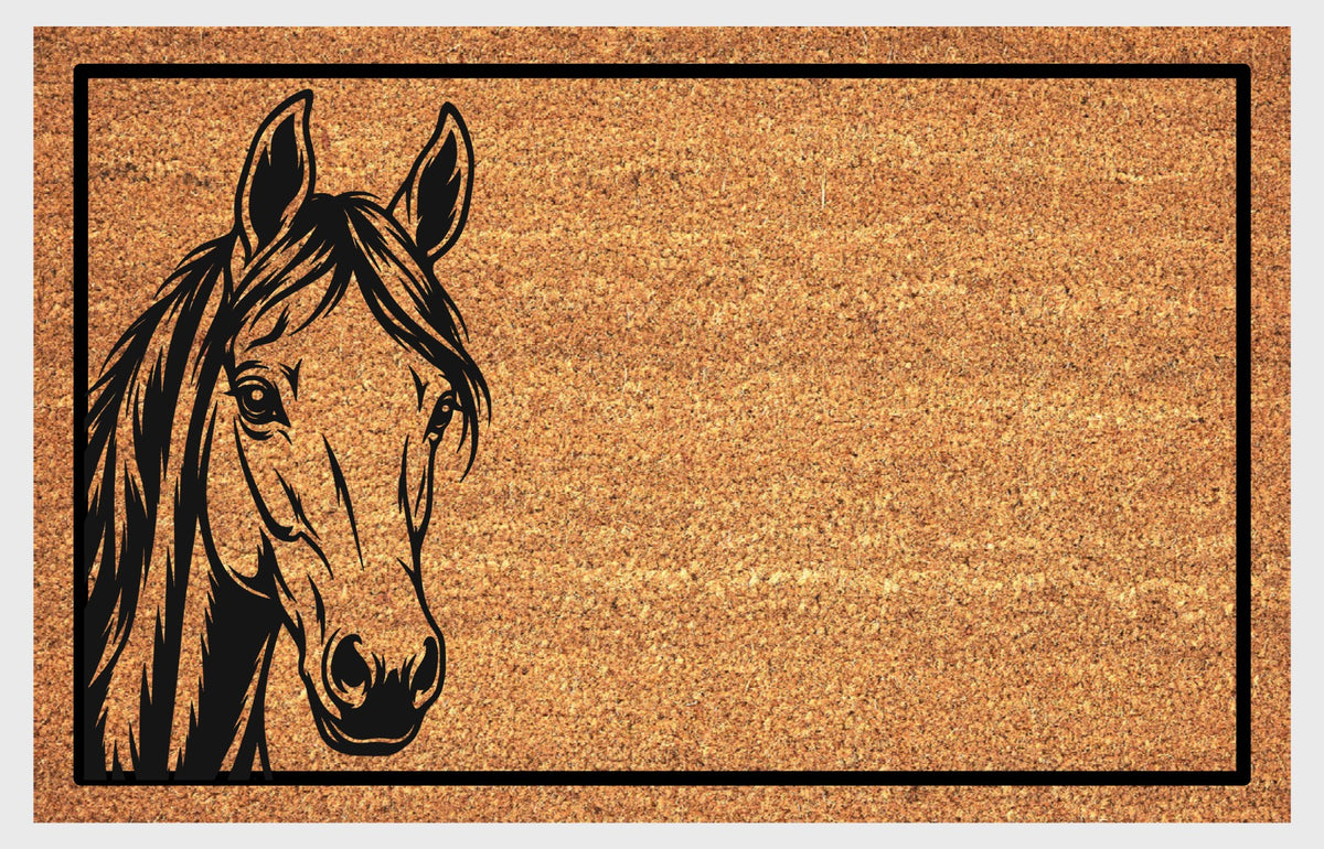 Natural coir doormat featuring a Tennessee Walking Horse portrait peeking from the left edge, with expressive eyes, a long mane and black rectangular border.
