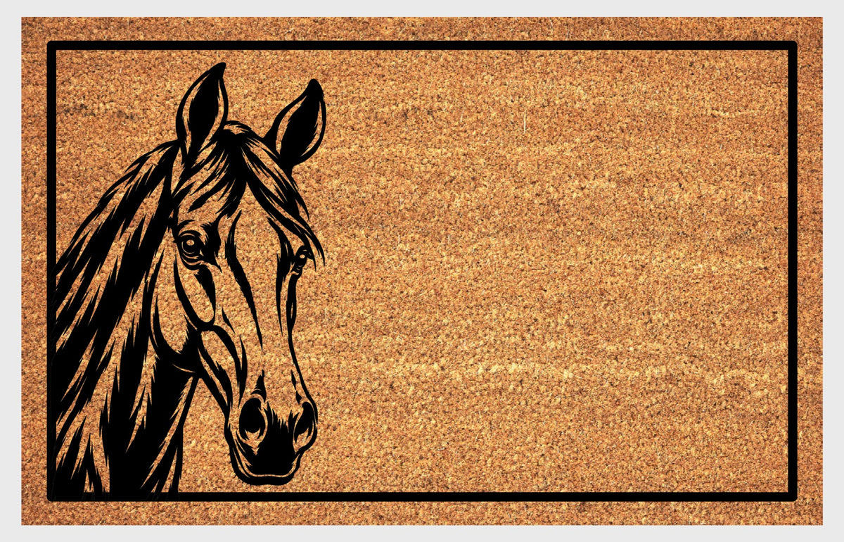 Natural coir doormat featuring a Thoroughbred Horse portrait peeking from the left edge, with expressive eyes, a flowing mane and black rectangular border.