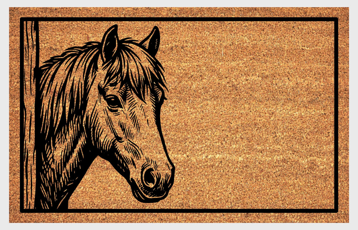 Natural coir doormat featuring a Welsh Pony peeking from the left edge beside a vertical post, with upright ears, a thick mane and black rectangular border.