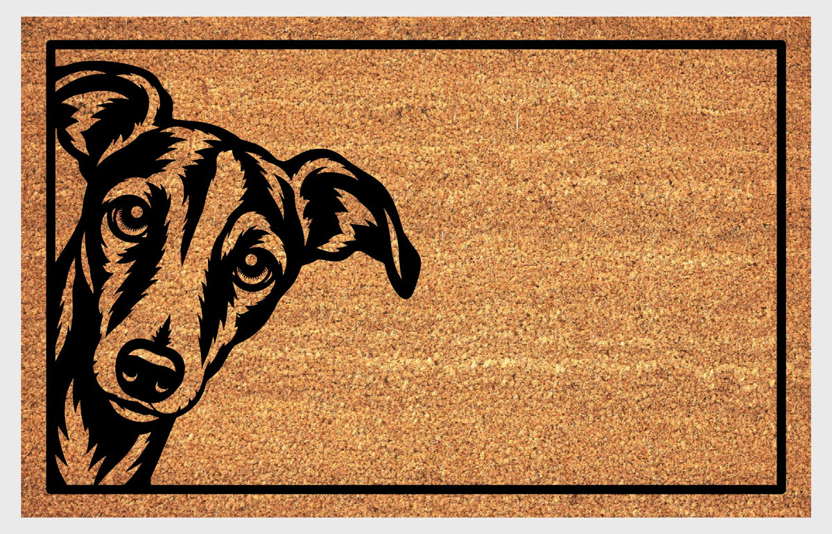 Whippet Doormat #2, showing an English Whippet with a tilted head, folded ears and expressive eyes on natural coir.