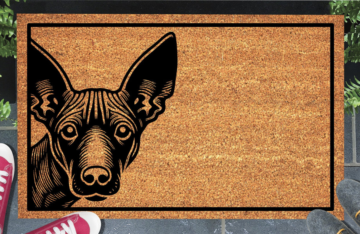 Xoloitzcuintli Doormat #1, hairless Xolo with tall upright ears peeking from the left inside a black border, natural coir mat styled at an entryway.