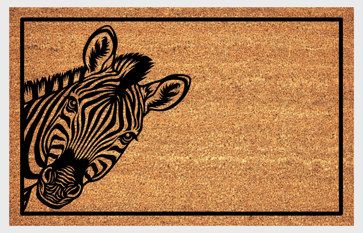 Zebra Peeking Doormat #1, flat view of a Zebra portrait with bold facial stripes, upright ears and a short mane on natural coir.